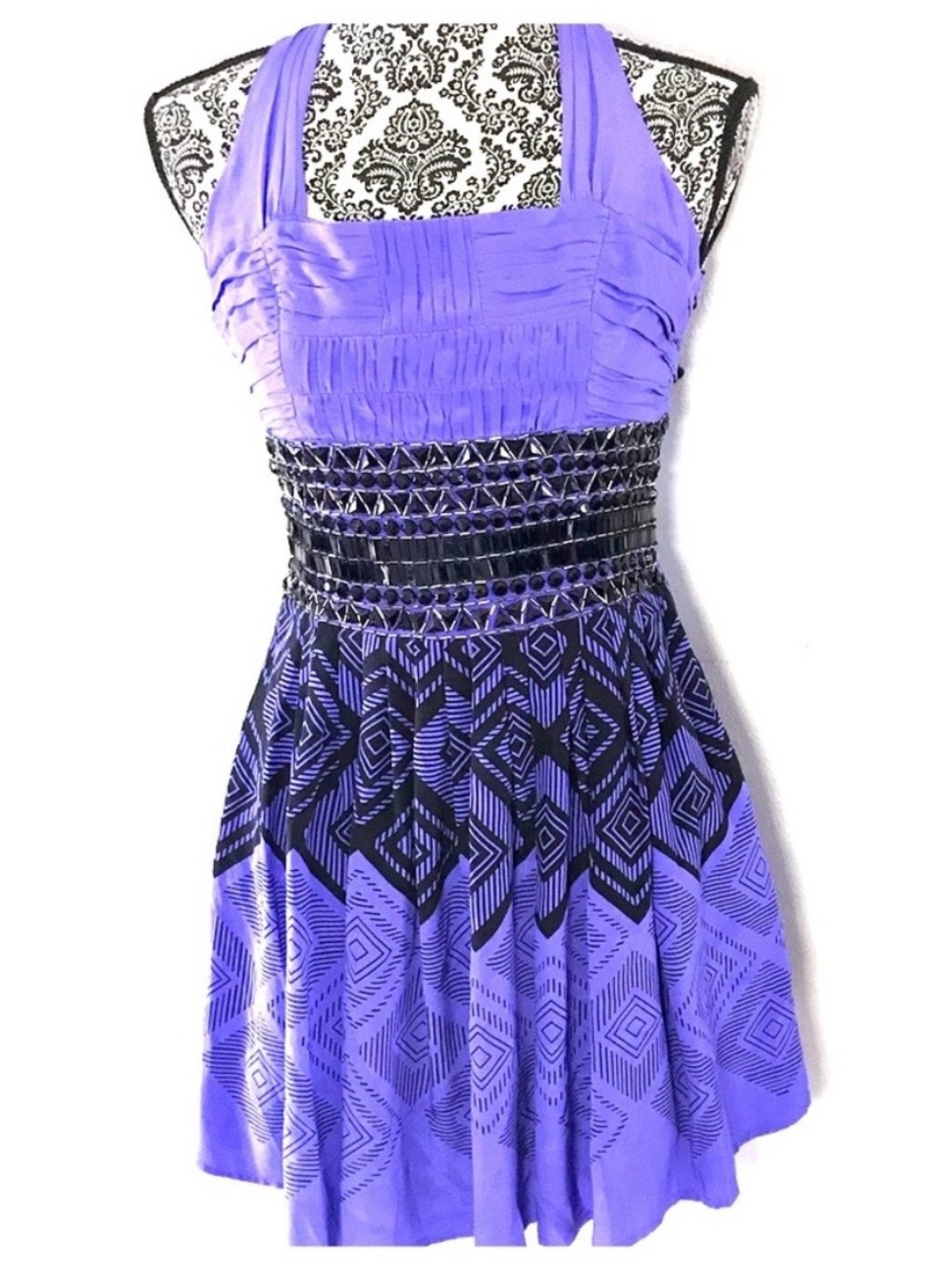 Bebe Purple and Black Fit & Flare Mini Dress with Embellished Waist
